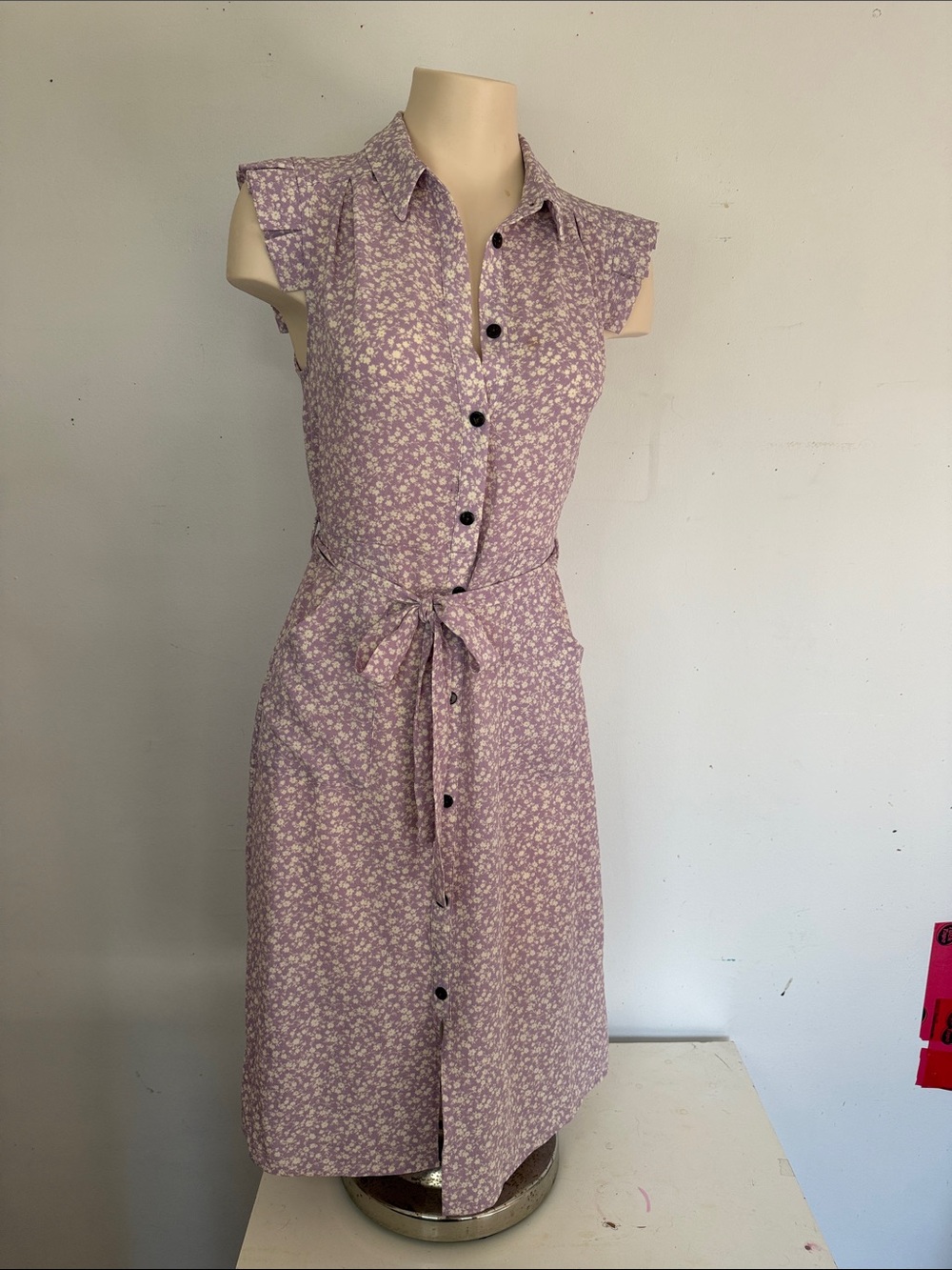 Lavender Floral Button-Front Tie-Waist Midi Dress